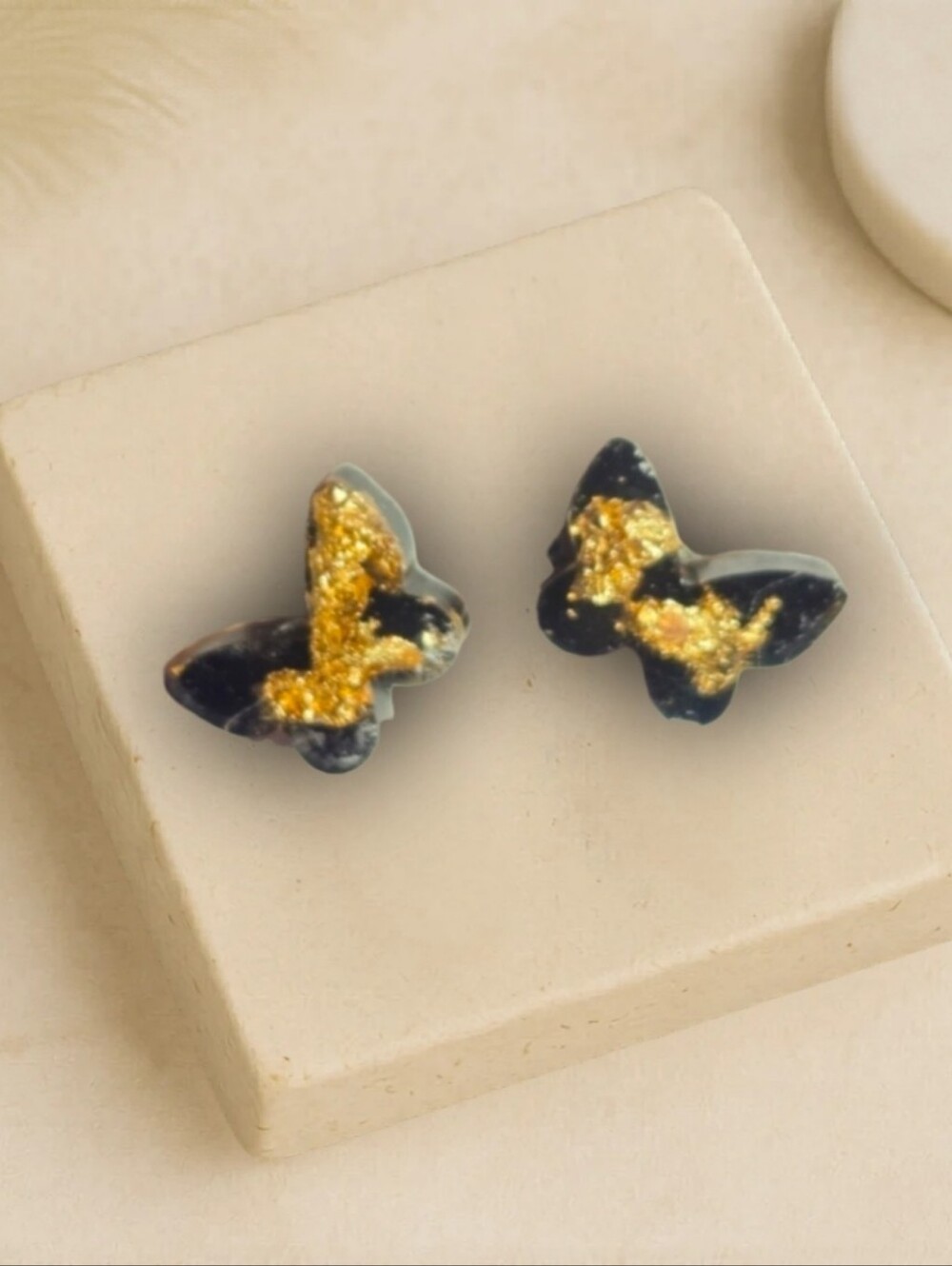 Gold and Black Stone Butterfly Shaped Resin Stud Earrings